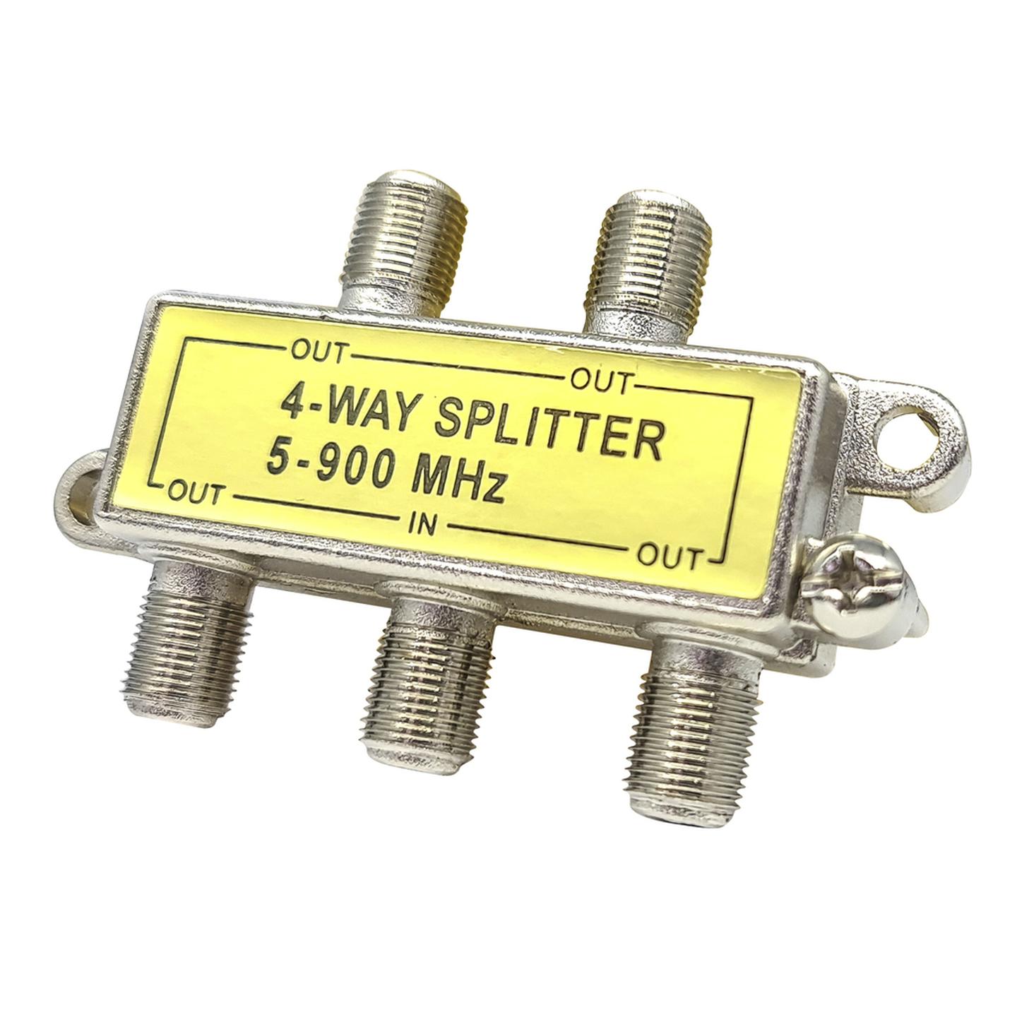Four Way Splitter with Power Pass - F Connectors - Die cast