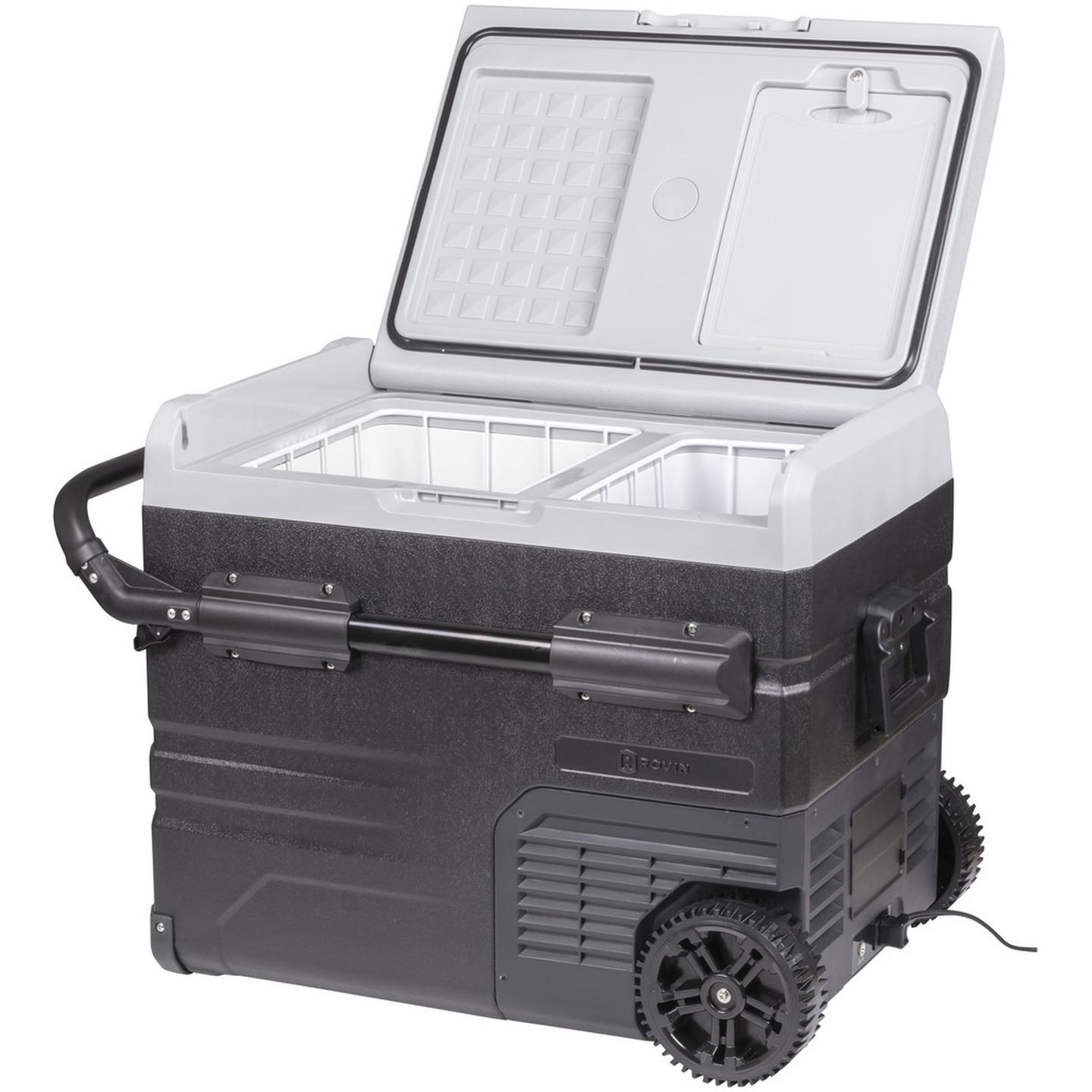 45L Rovin Portable Dual Zone Fridge Freezer with Solar Charger Board plus Handles  Wheels and Support Removable Battery