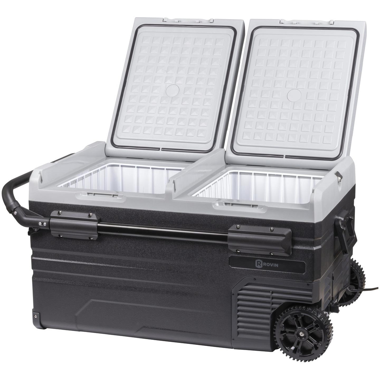 75L Rovin Dual Zone Portable Fridge or Freezer with Solar Charger Board plus HandleWheels and Battery Compartment