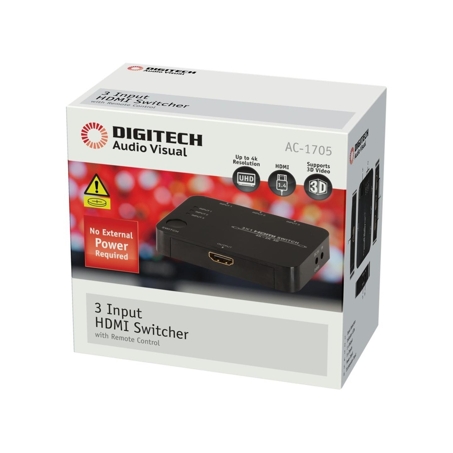 Digitech 3 Input HDMI Switcher with Remote Control