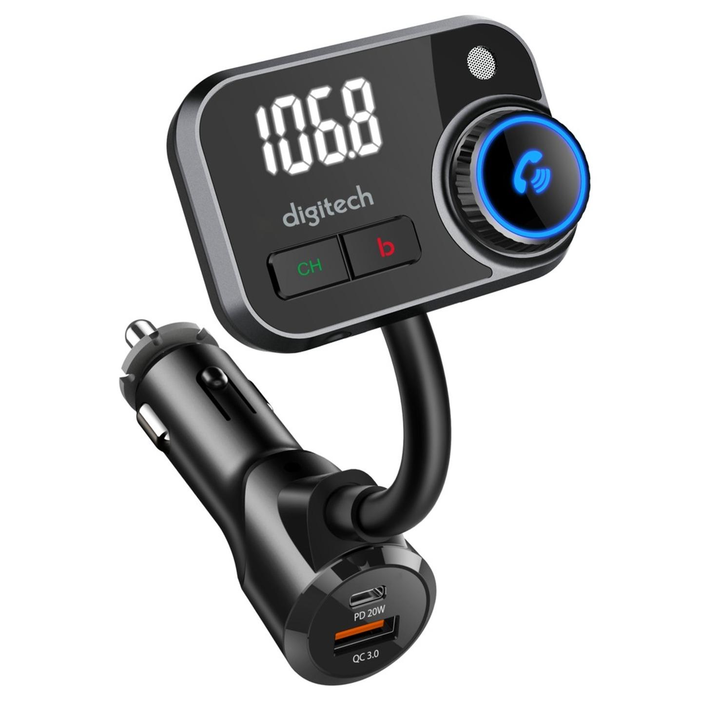 Digitech FM Transmitter with Bluetooth USB Type-C Power Delivery 20W and Qualcomm Quick Charge 3.0 USB