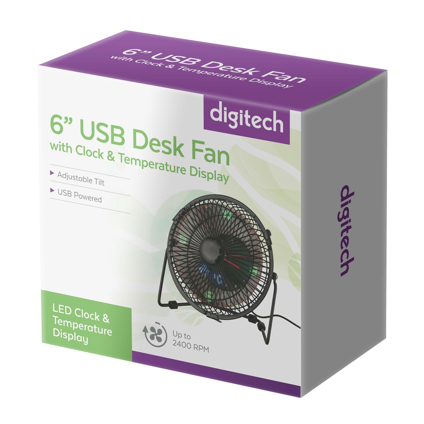 USB Desk Fan with Clock and Temperature Display
