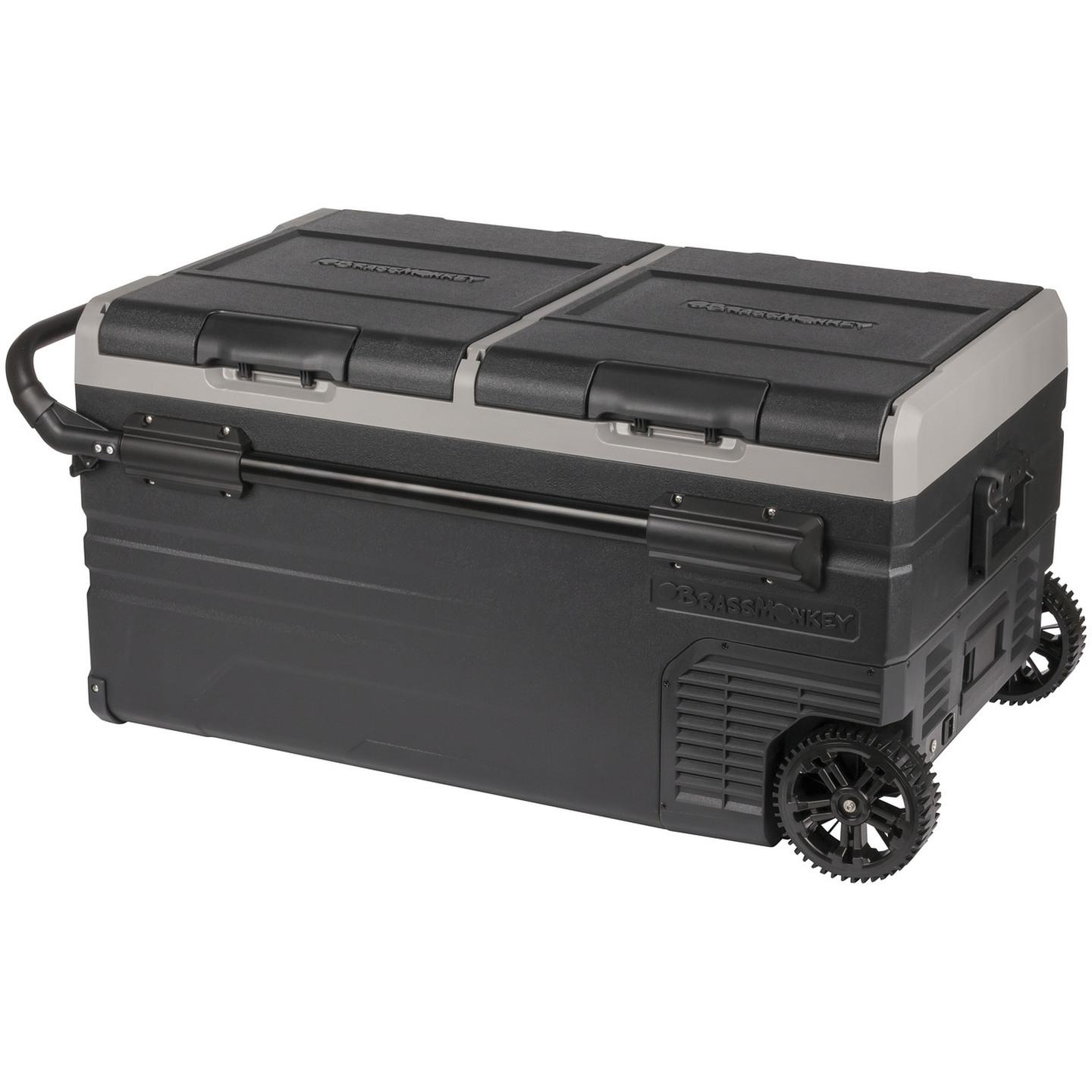 95L Brass Monkey Portable Low Profile Dual Zone Fridge/Freezer with Wheels and Battery Compartment