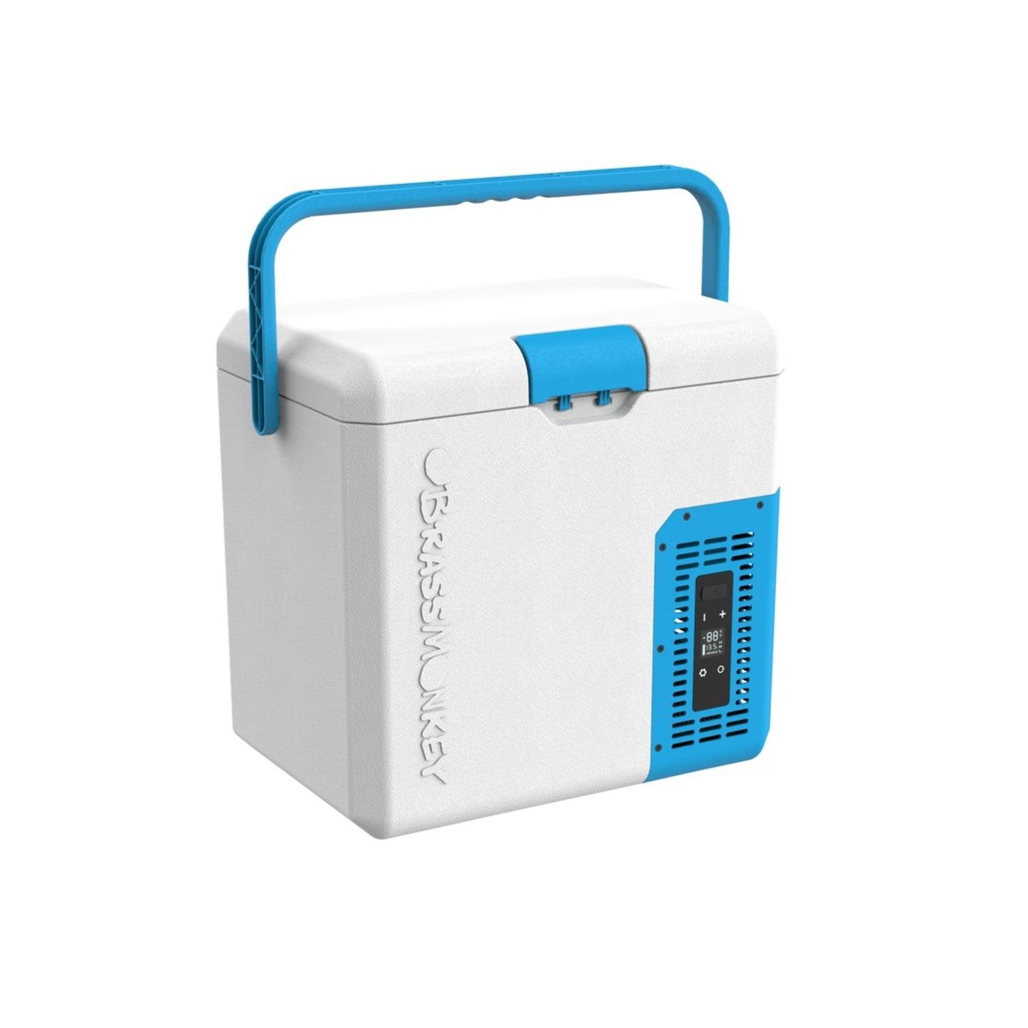 18L Brass Monkey Portable Fridge/Freezer with Carry Handle and Battery Compartment - Blue/White
