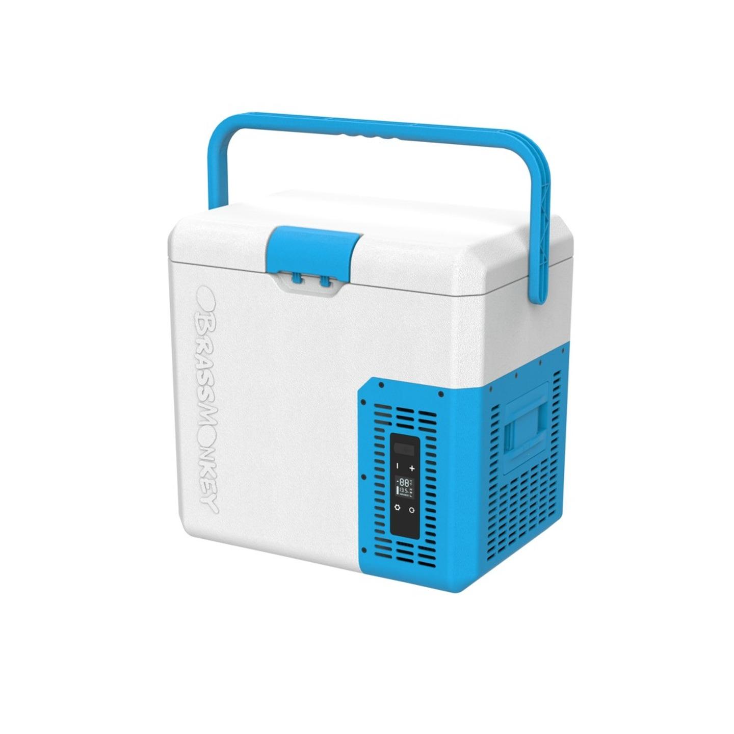 18L Brass Monkey Portable Fridge/Freezer with Carry Handle and Battery Compartment - Blue/White