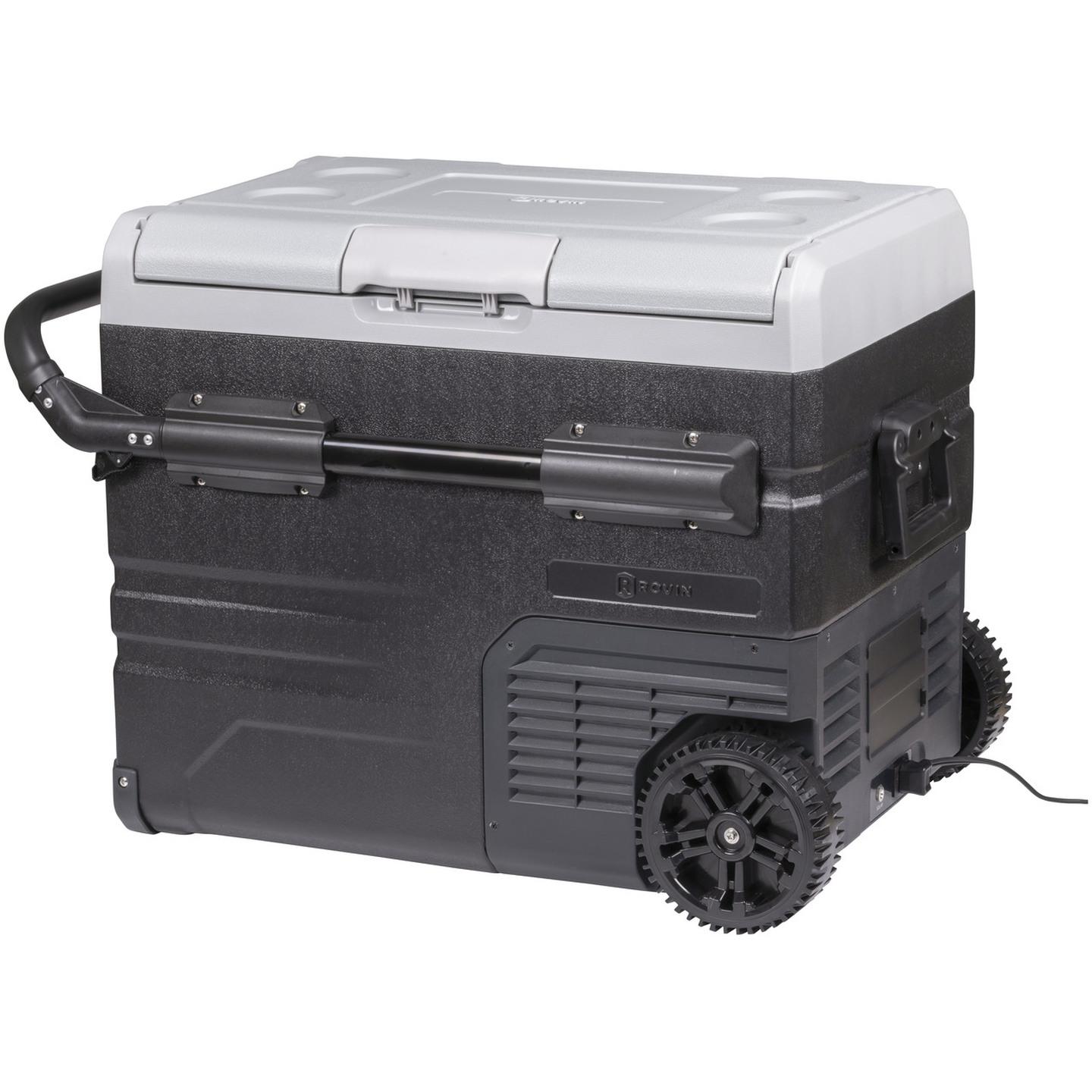 45L Rovin Portable Dual Zone Fridge Freezer with Solar Charger Board plus Handles  Wheels and Support Removable Battery