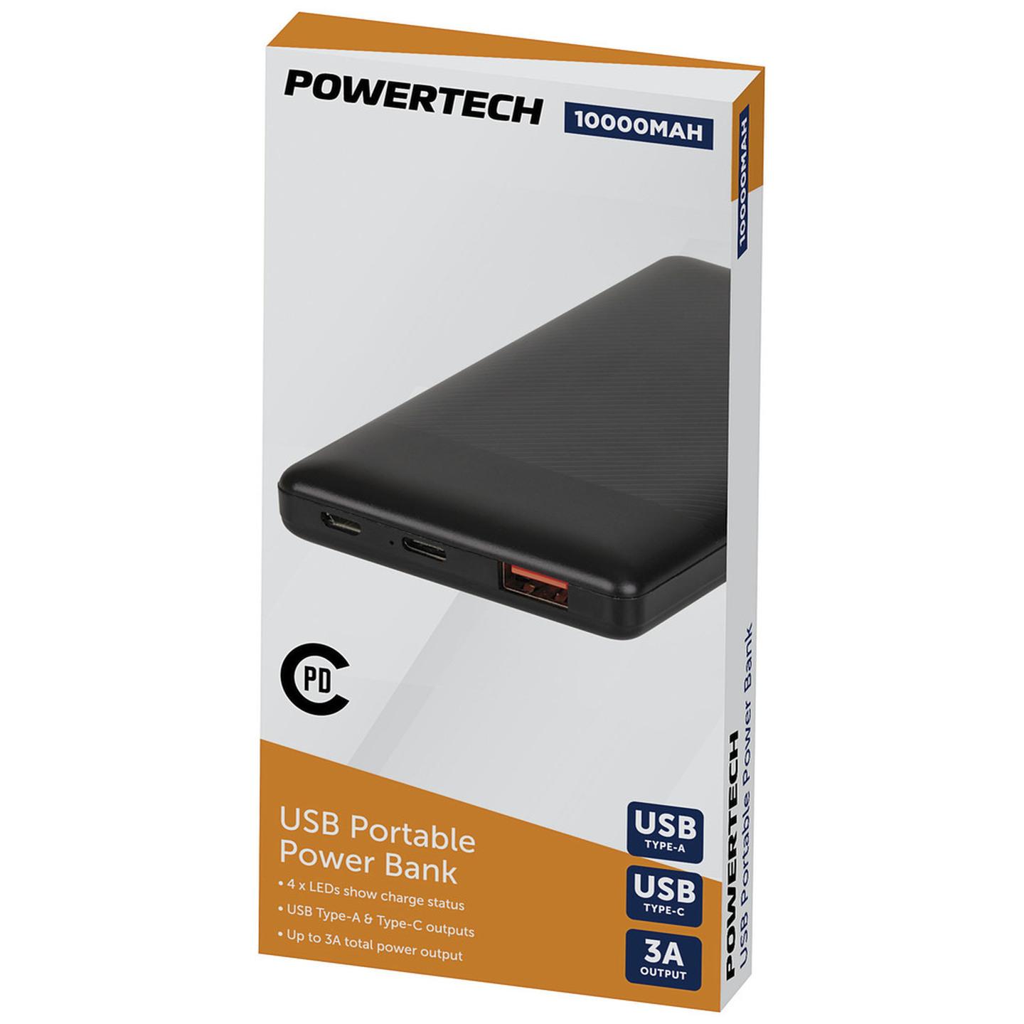 Powertech 10000mAh Power Bank with USB-C and USB-A Ports in Black