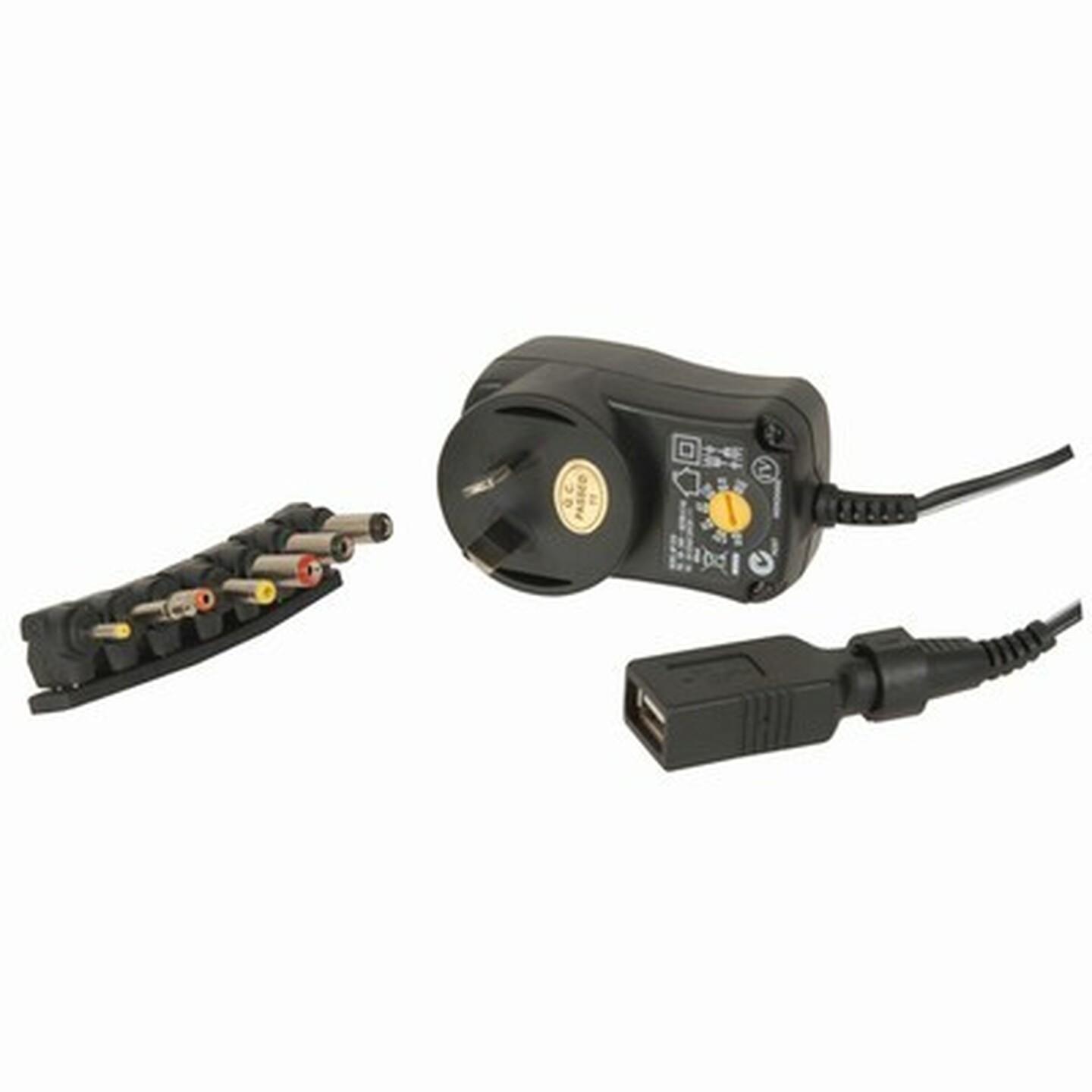 3-12V DC 27W Power Supply 7DC Plugs and USB Outlet