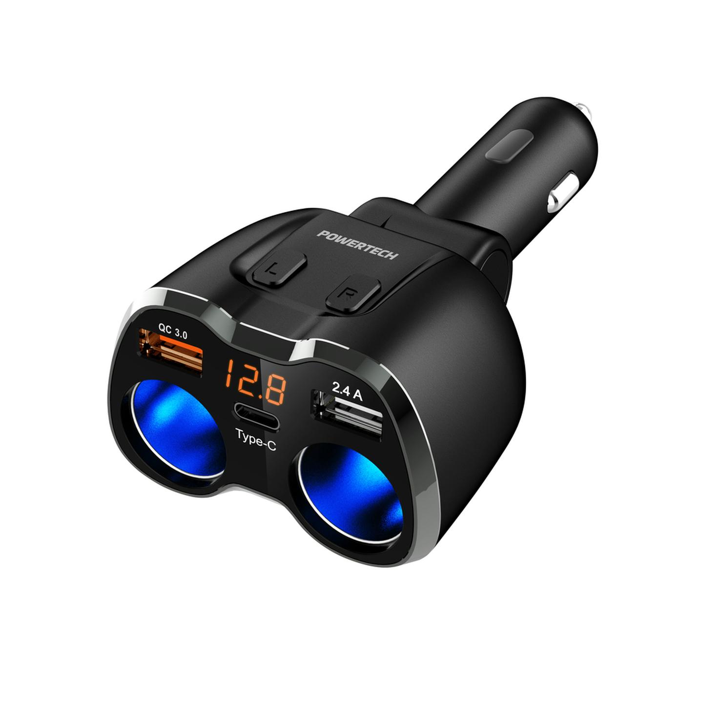 Dual Car Cigarette Lighter Adaptor with 3 x USB Charging Ports and Voltmeter