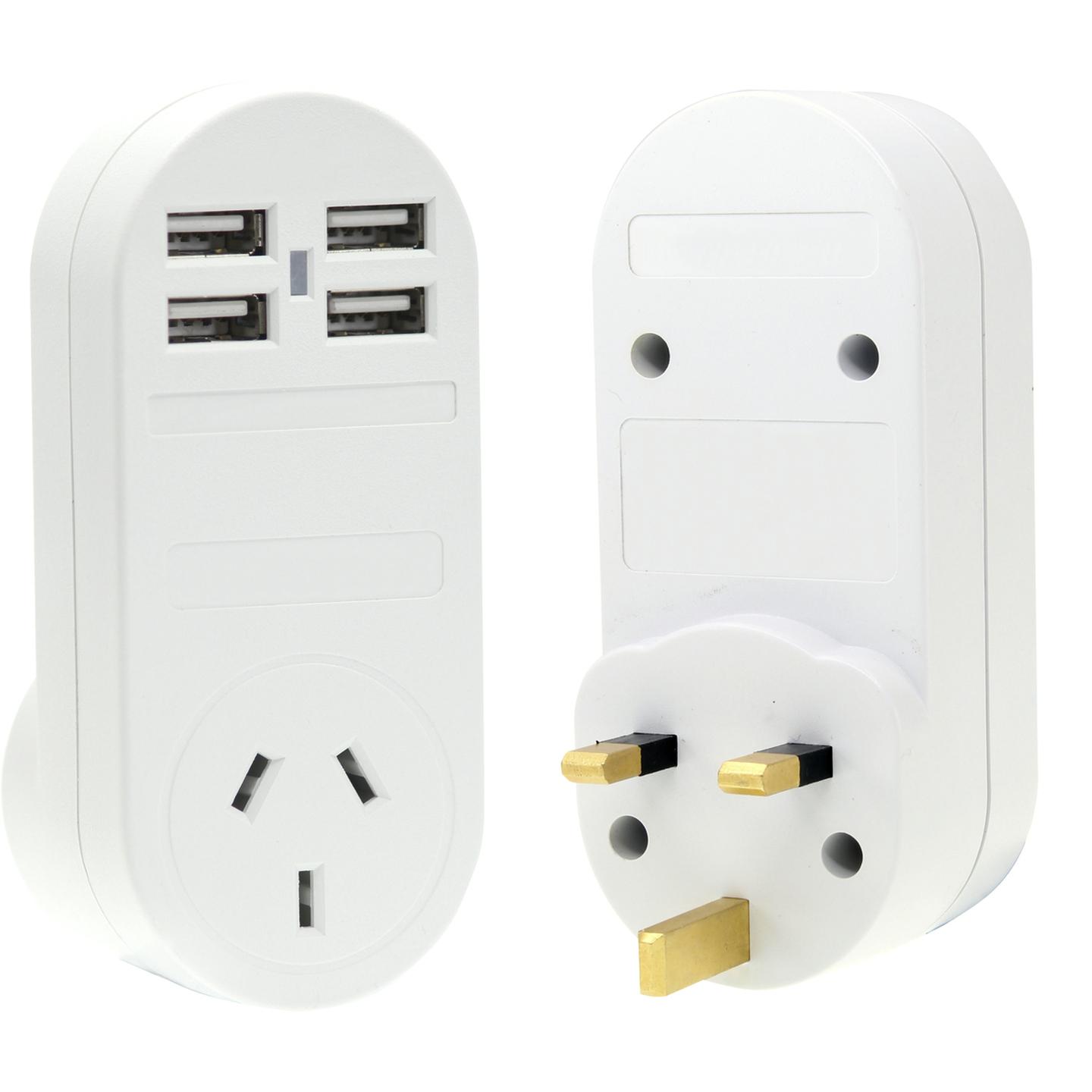 Outbound UK and HK Mains Travel Adaptor with 4 USB Sockets