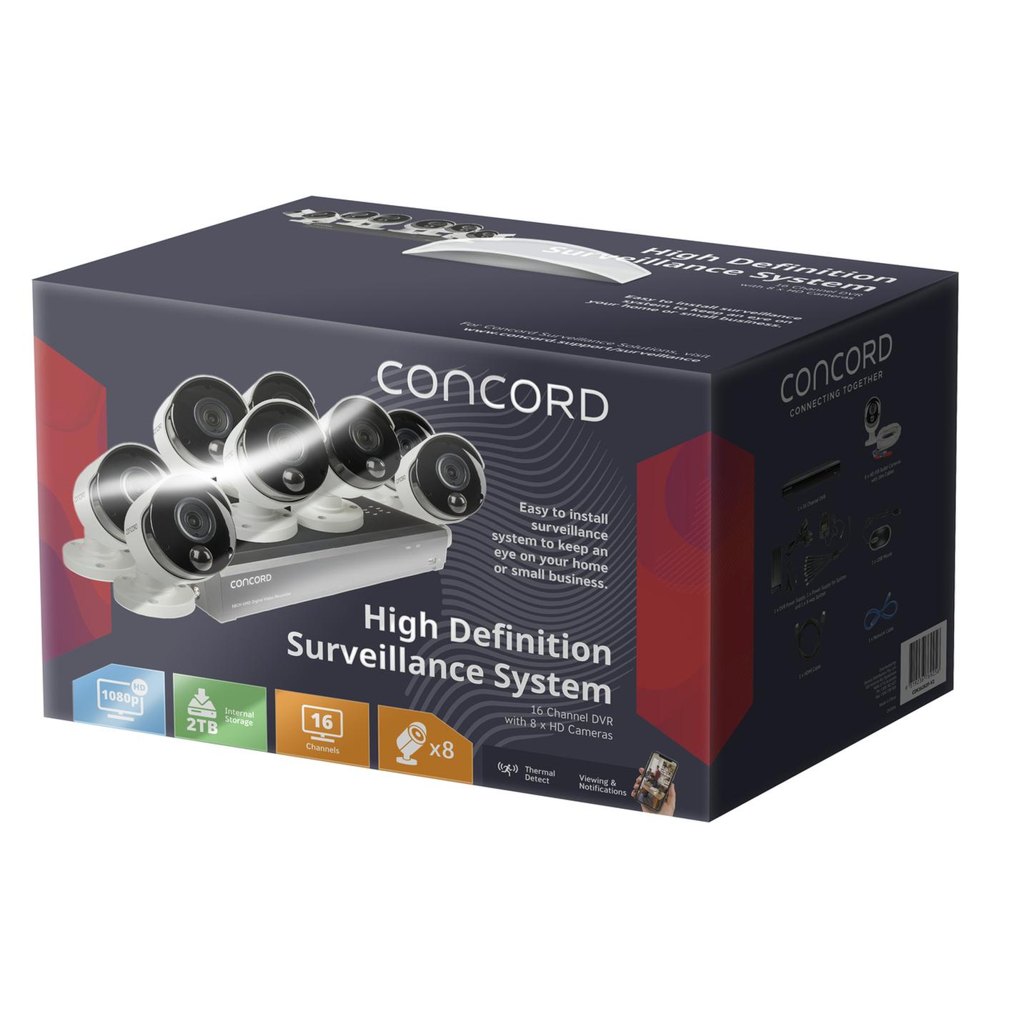 Concord 16 Channel HD DVR Package - 8x1080p PIR Cameras