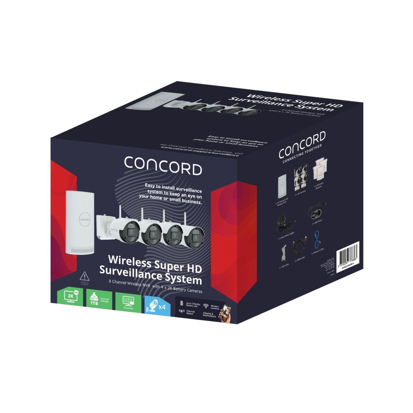 Concord 8 Channel Wireless NVR Kit with 4x 2K Battery Cameras
