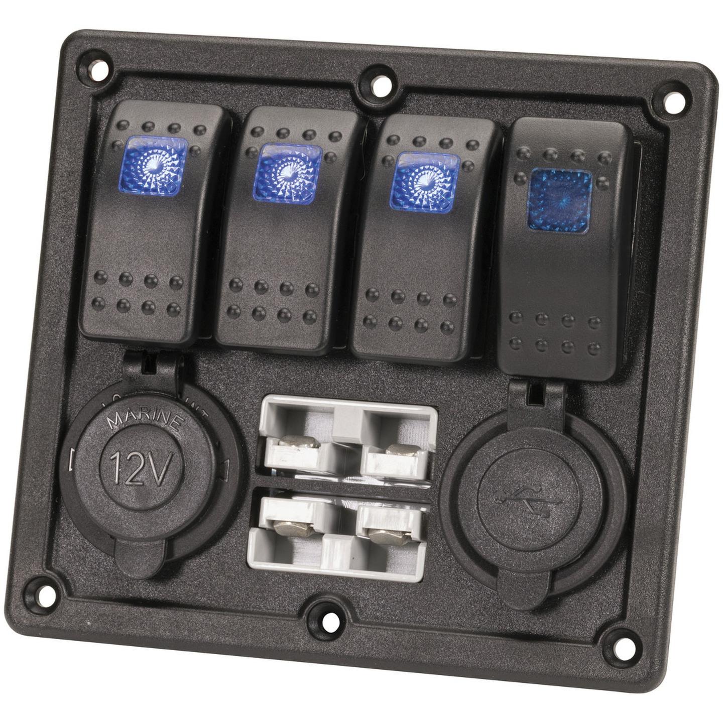 4 Way Illuminated Switch Panel With USB 12V and 2 x Battery Plugs