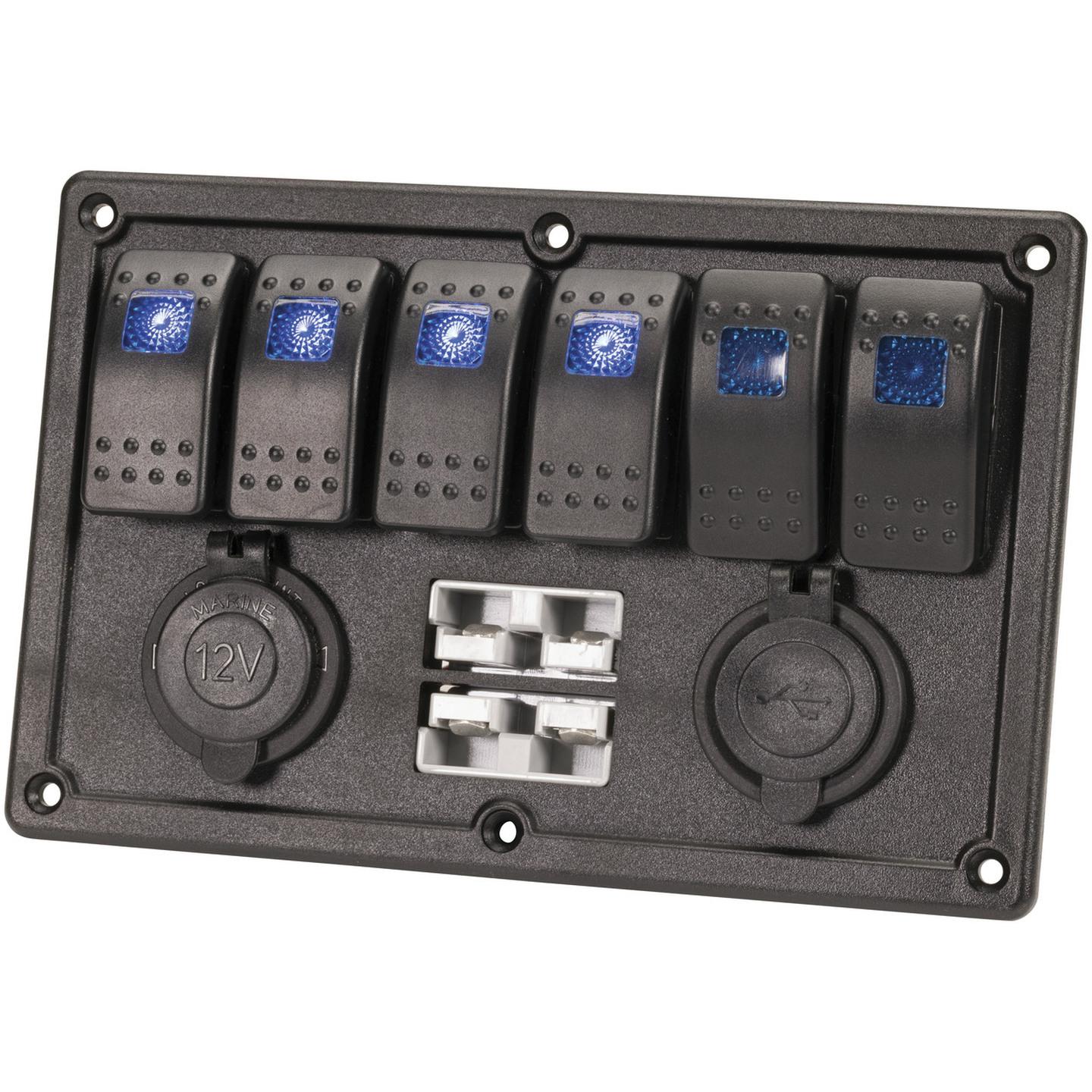 6 Way Illuminated Switch Panel With USB 12V and 2 x Battery Plugs