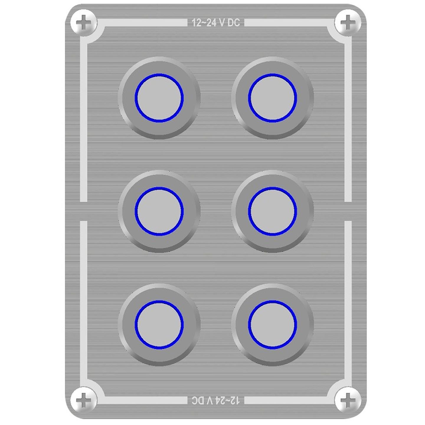Powertech 6 Way Stainless Steel Switch Panel With Blue Illuminated Switches