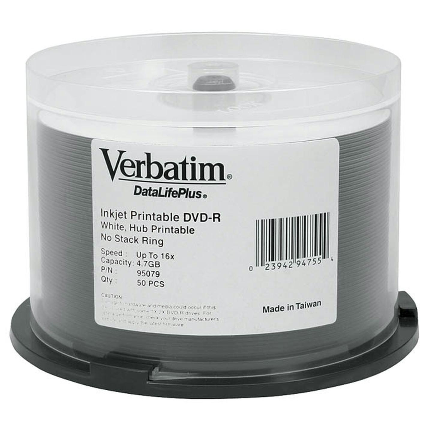 Verbatim DataLifePlus Azo DVD-R 4.7 GB White Inkjet Printable Spindle 50 Pack 16x