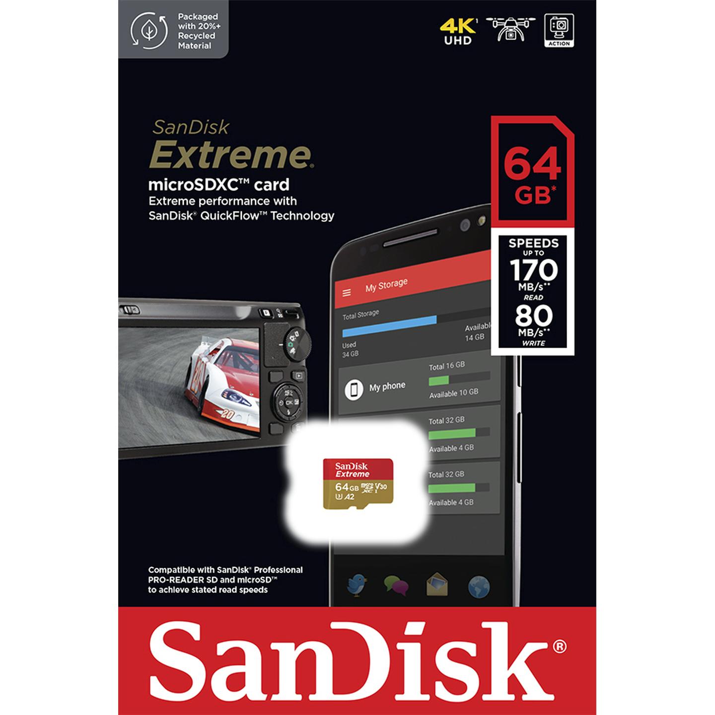 Sandisk 64GB High Extreme microSDXC Class 10 Reads 170MB/S Writes 80MB/S 