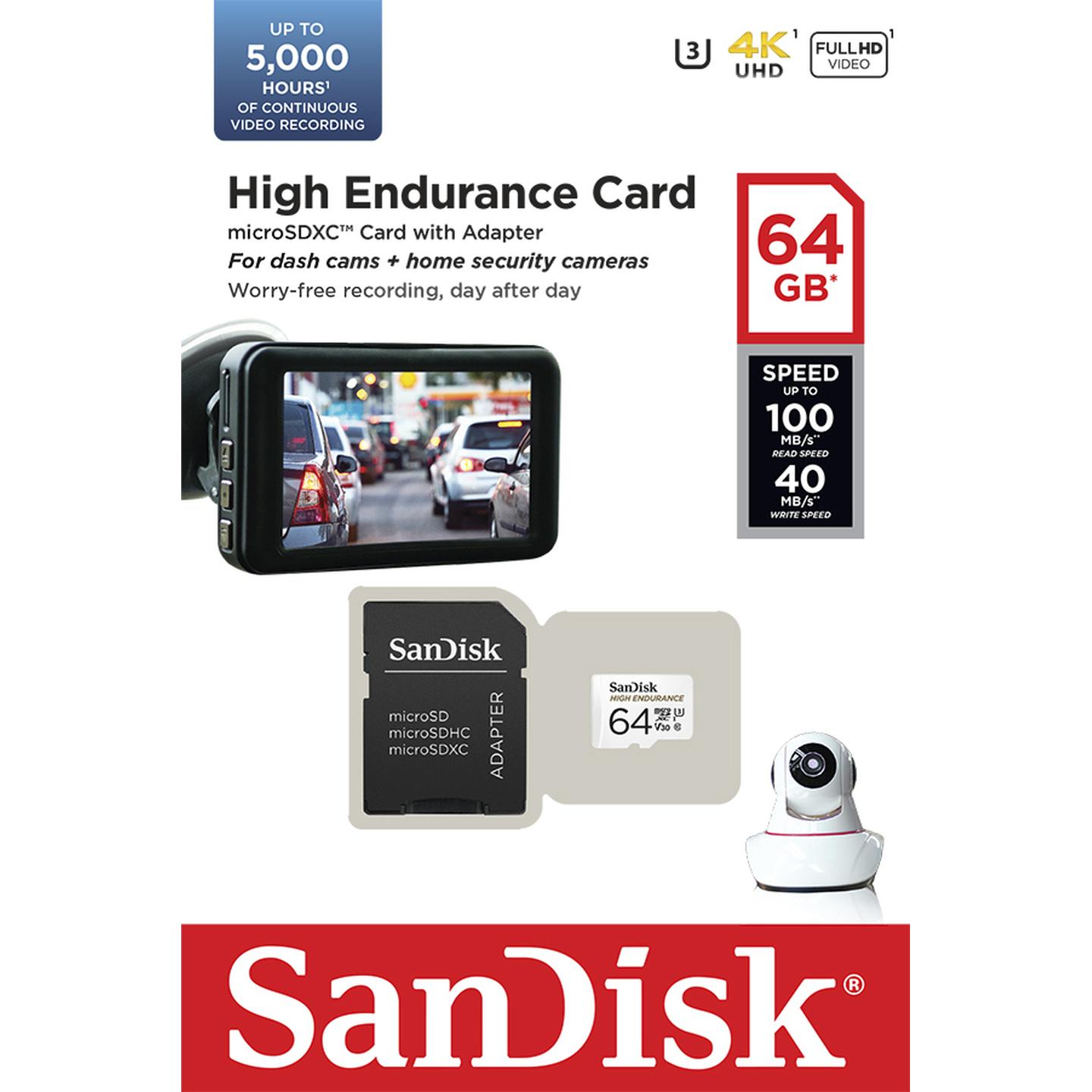 Sandisk 64GB High Endurance microSDXC Class 10 Reads 100MB/S Writes 40MB/S 