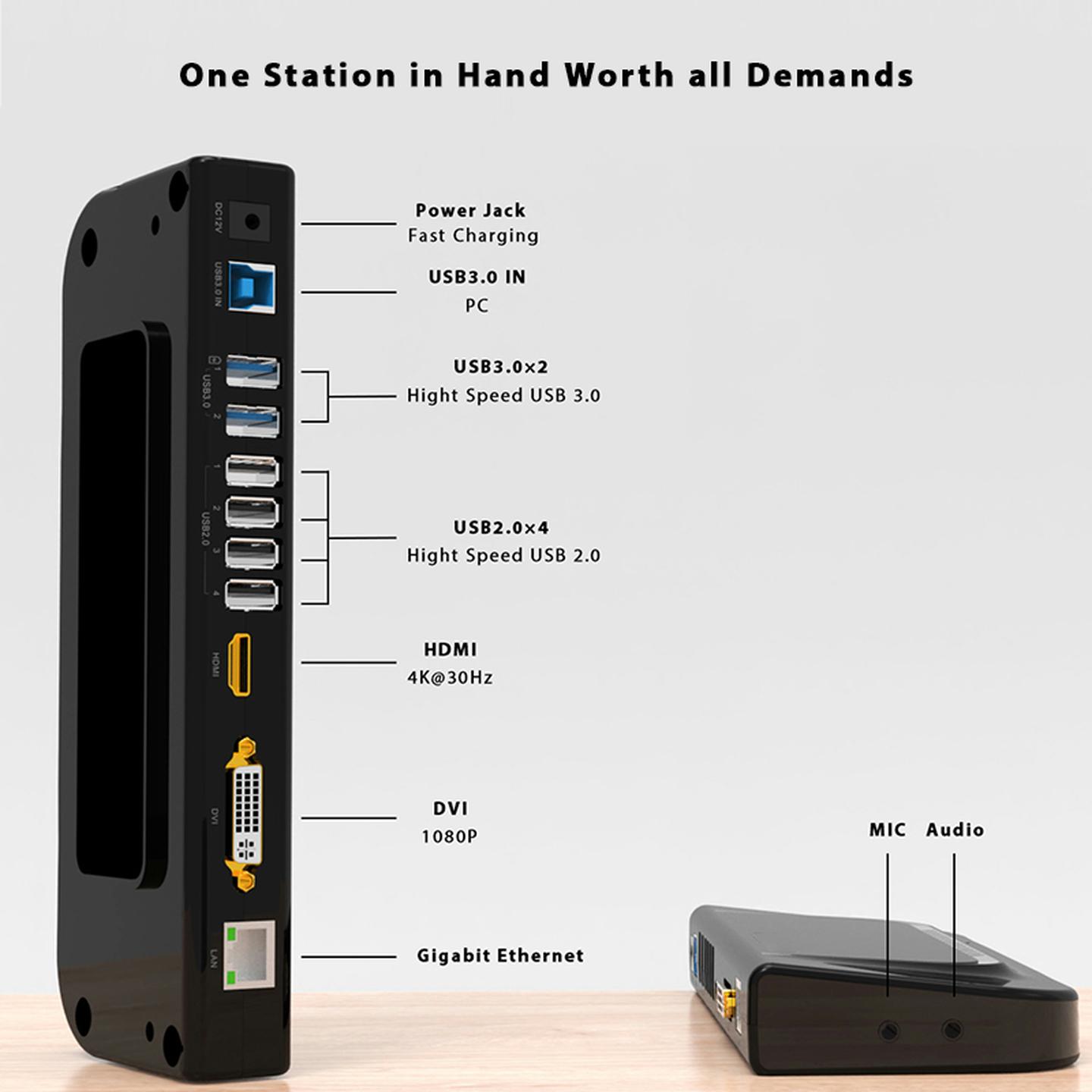 11 in 1 Multifunction Hub with HDMI DVI Network Audio and Microphone and 4 USB2.0 and 2 USB3.0 Ports